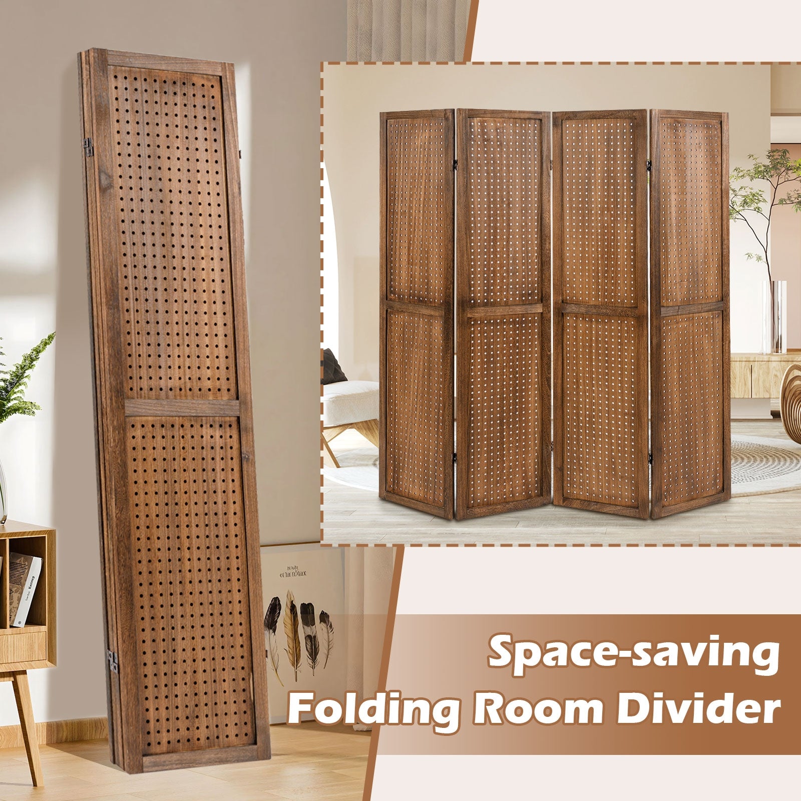 Pegboard Display with 360° Metal Hinges and Solid Wood Frame-4 Panel, Brown Room Dividers at Gallery Canada