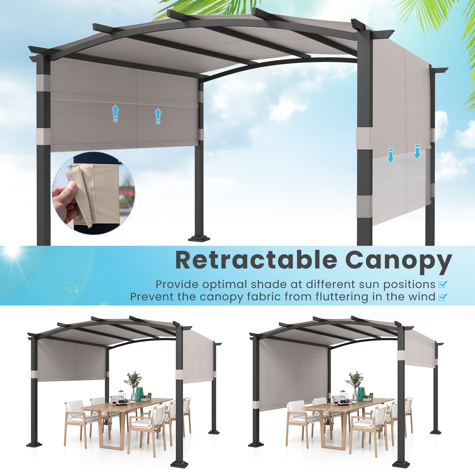 10 x 10 ft Outdoor Pergola Modern Arched Patio Garden Shelter with Retractable Sunshade Canopy, Gray Gazebos   at Gallery Canada