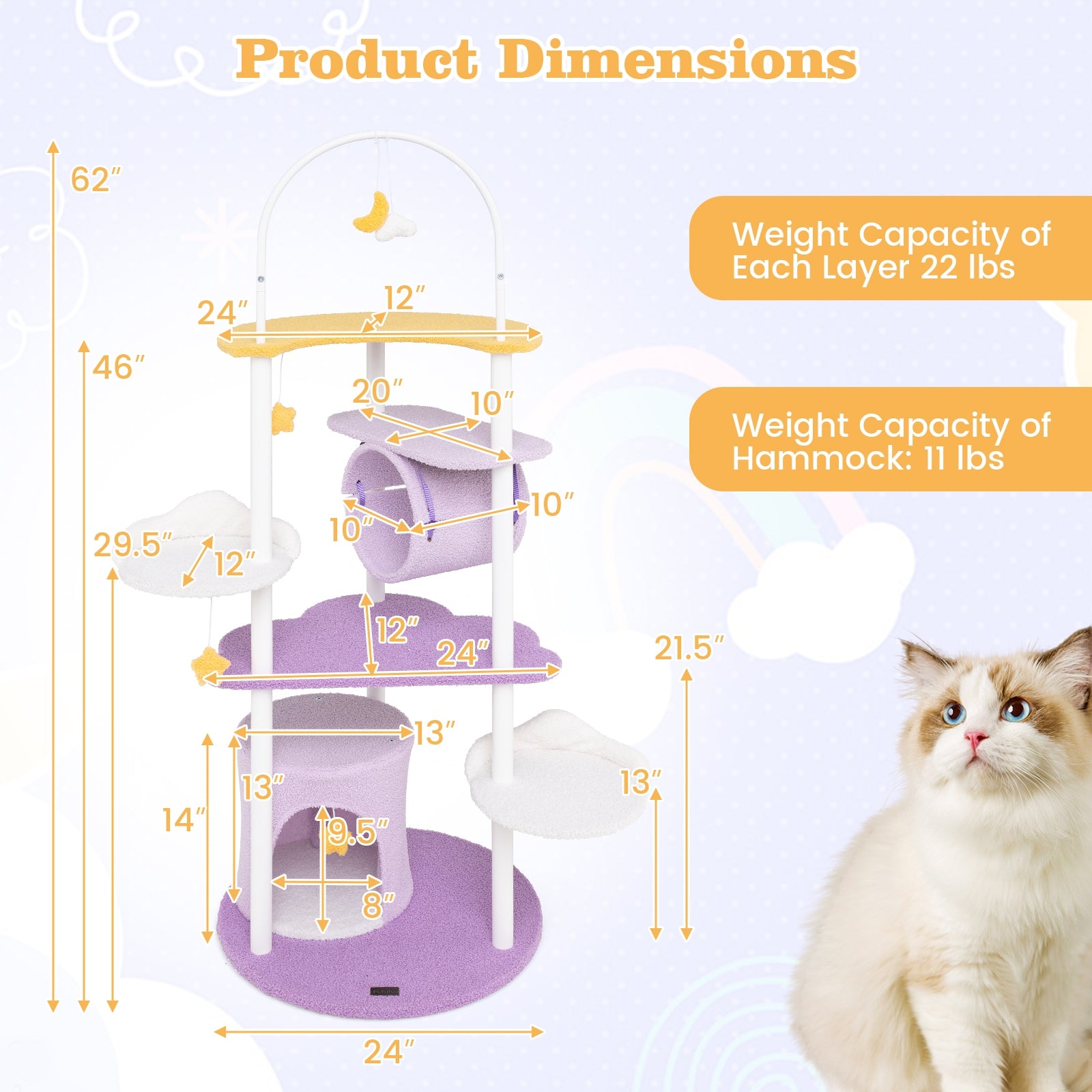 62 Inches Large Cat Tower with Metal Frame and Jumping Platforms, Purple Cat Trees Condos & Scratchers at Gallery Canada