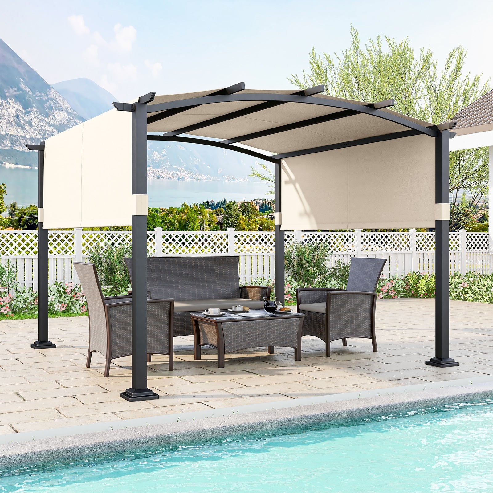 10 x 10 ft Outdoor Pergola Modern Arched Patio Garden Shelter with Retractable Sunshade Canopy, Beige Gazebos   at Gallery Canada