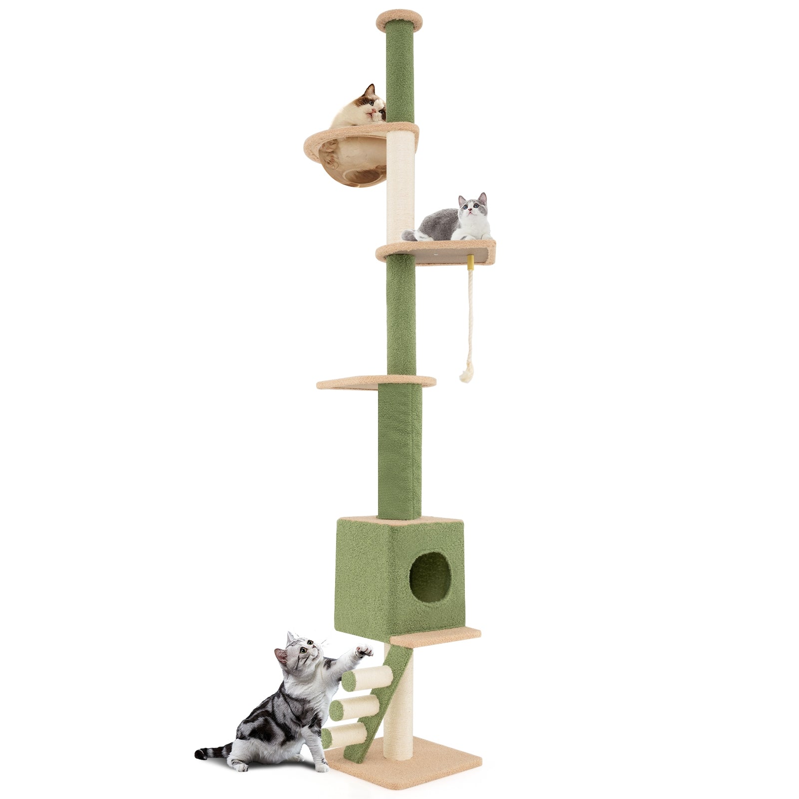 Floor to Ceiling Cat Tree with 86-99.5 Inch Adjustable Height and Extra Post, Green Cat Trees Condos & Scratchers Green at Gallery Canada