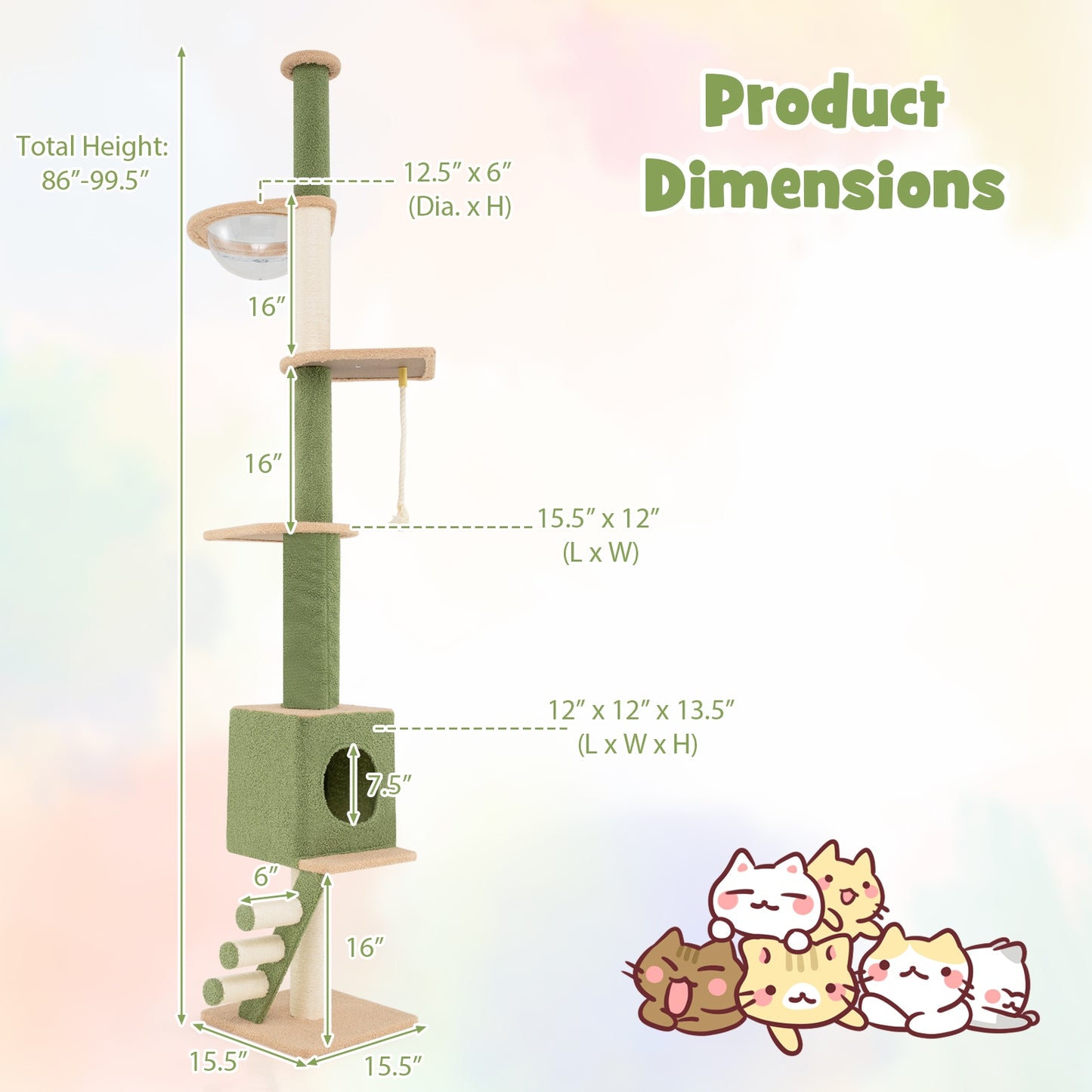 Floor to Ceiling Cat Tree with 86-99.5 Inch Adjustable Height and Extra Post, Green Cat Trees Condos & Scratchers at Gallery Canada