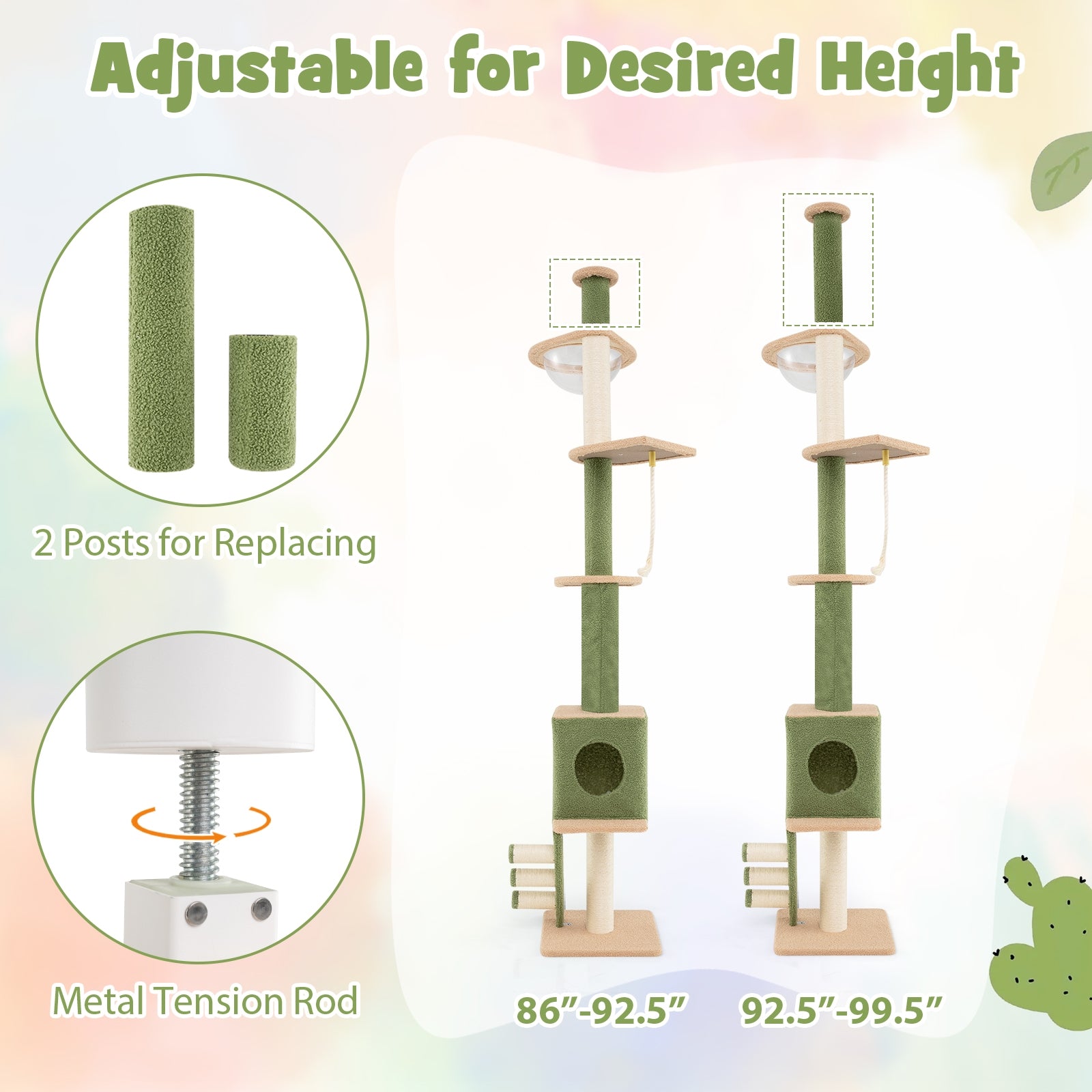 Floor to Ceiling Cat Tree with 86-99.5 Inch Adjustable Height and Extra Post, Green Cat Trees Condos & Scratchers at Gallery Canada