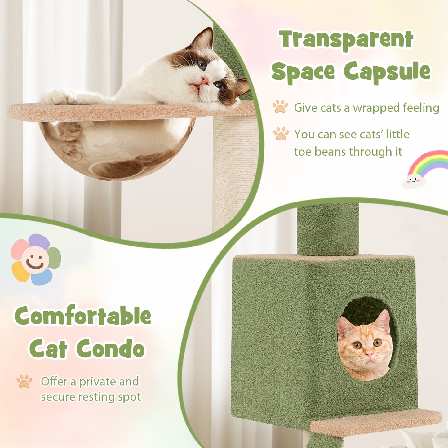 Floor to Ceiling Cat Tree with 86-99.5 Inch Adjustable Height and Extra Post, Green Cat Trees Condos & Scratchers at Gallery Canada