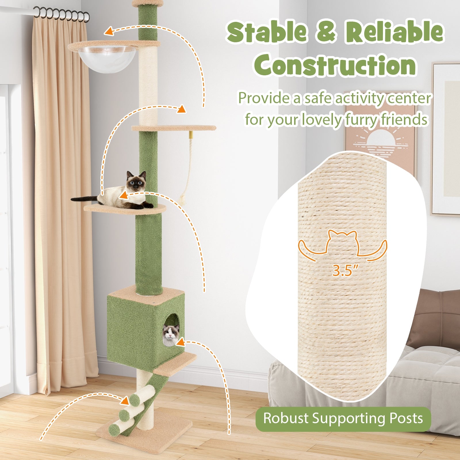 Floor to Ceiling Cat Tree with 86-99.5 Inch Adjustable Height and Extra Post, Green Cat Trees Condos & Scratchers at Gallery Canada