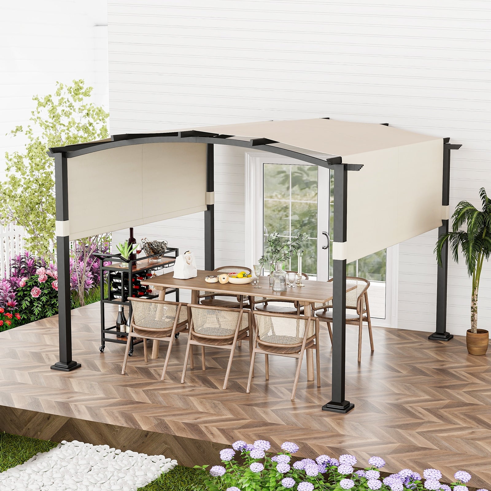 10 x 10 ft Outdoor Pergola Modern Arched Patio Garden Shelter with Retractable Sunshade Canopy, Beige Gazebos   at Gallery Canada