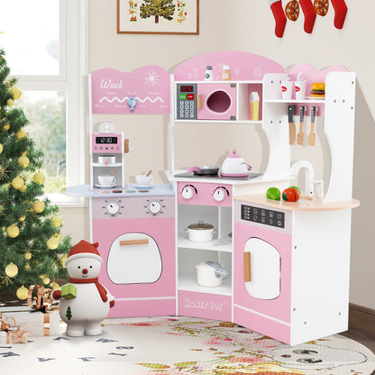 Corner Wooden Play Kitchen with Coffee Machine and Slide for Kids, Pink Play Kitchen Sets at Gallery Canada