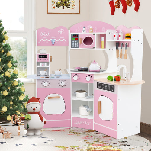 Corner Wooden Play Kitchen with Coffee Machine and Slide for Kids, Pink