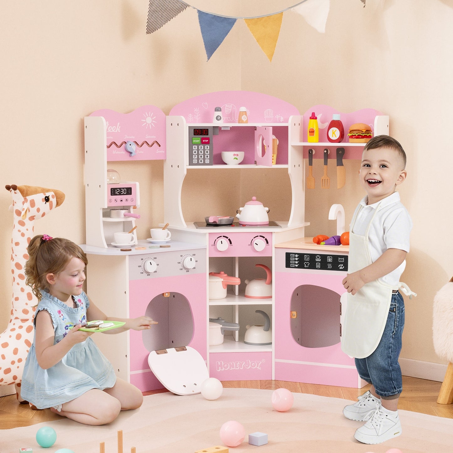 Corner Wooden Play Kitchen with Coffee Machine and Slide for Kids, Pink Play Kitchen Sets at Gallery Canada