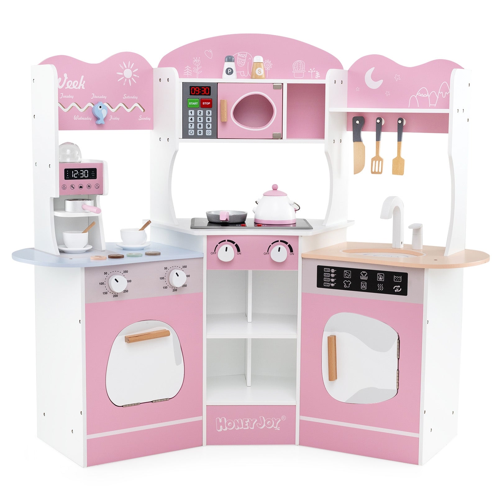 Corner Wooden Play Kitchen with Coffee Machine and Slide for Kids, Pink Play Kitchen Sets Pink at Gallery Canada