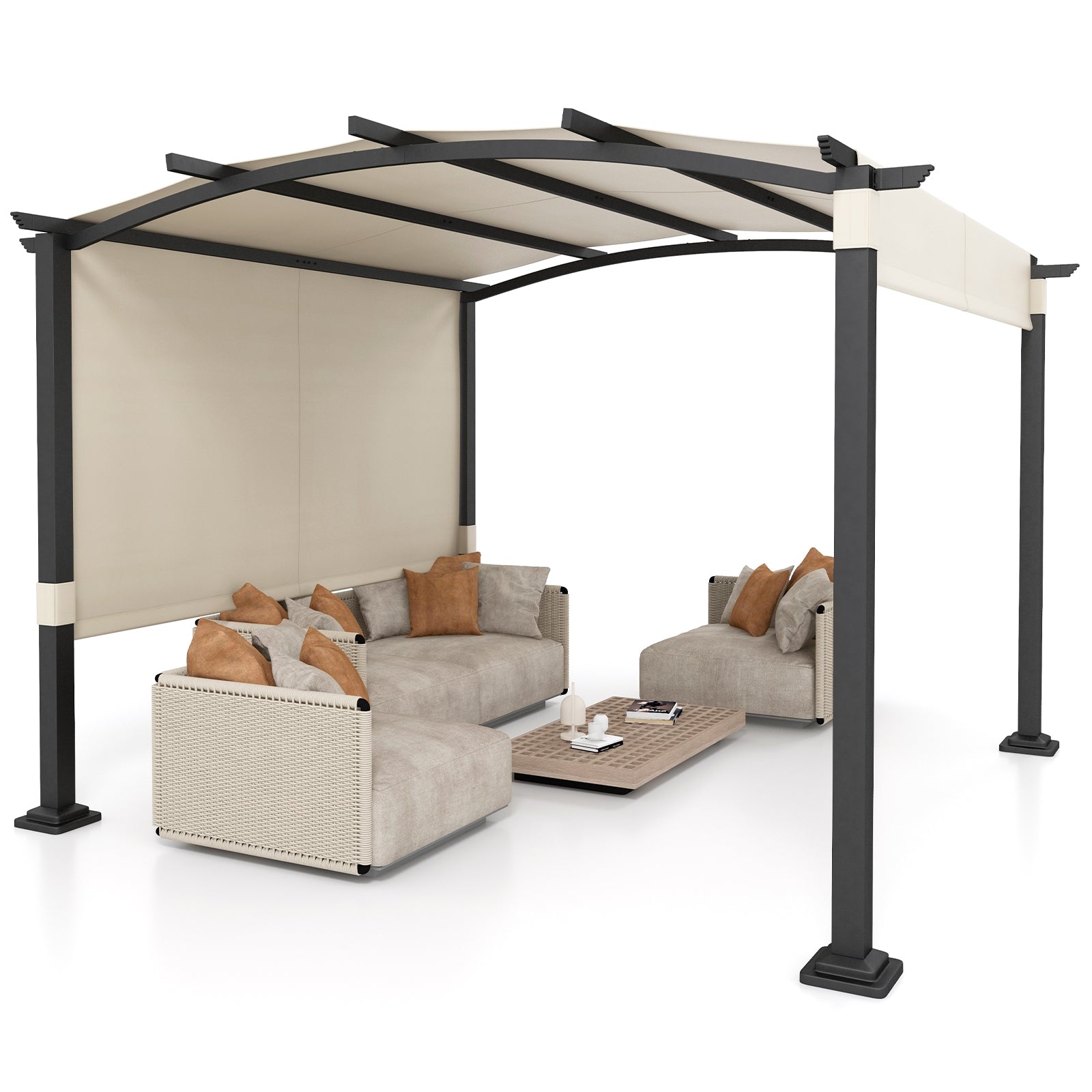 10 x 10 ft Outdoor Pergola Modern Arched Patio Garden Shelter with Retractable Sunshade Canopy, Beige Gazebos   at Gallery Canada