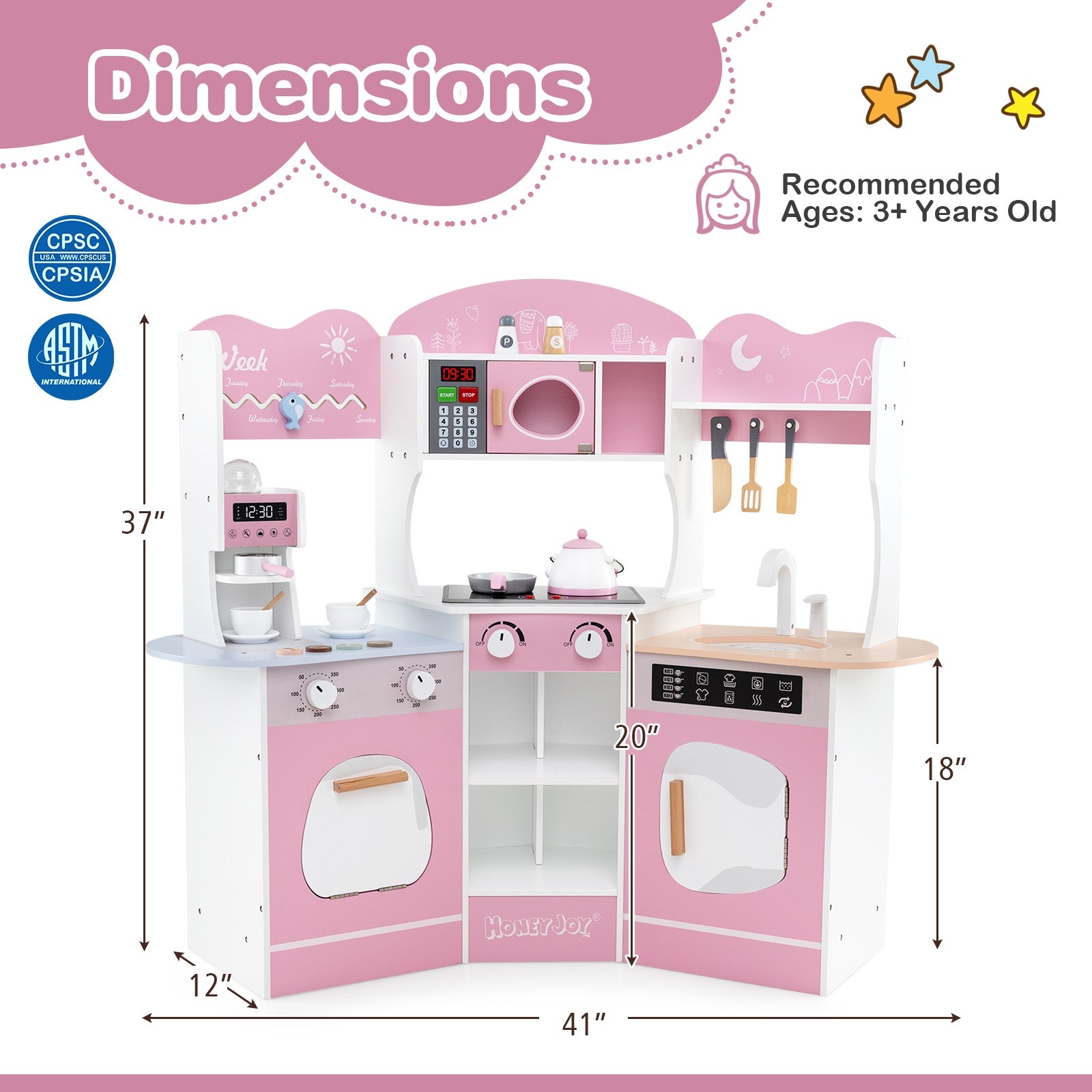 Corner Wooden Play Kitchen with Coffee Machine and Slide for Kids, Pink Play Kitchen Sets at Gallery Canada