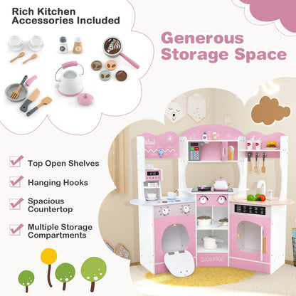 Corner Wooden Play Kitchen with Coffee Machine and Slide for Kids, Pink Play Kitchen Sets at Gallery Canada