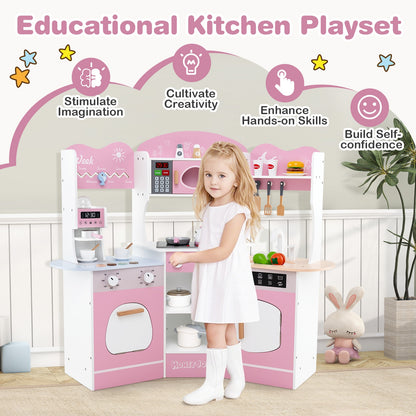 Corner Wooden Play Kitchen with Coffee Machine and Slide for Kids, Pink Play Kitchen Sets at Gallery Canada