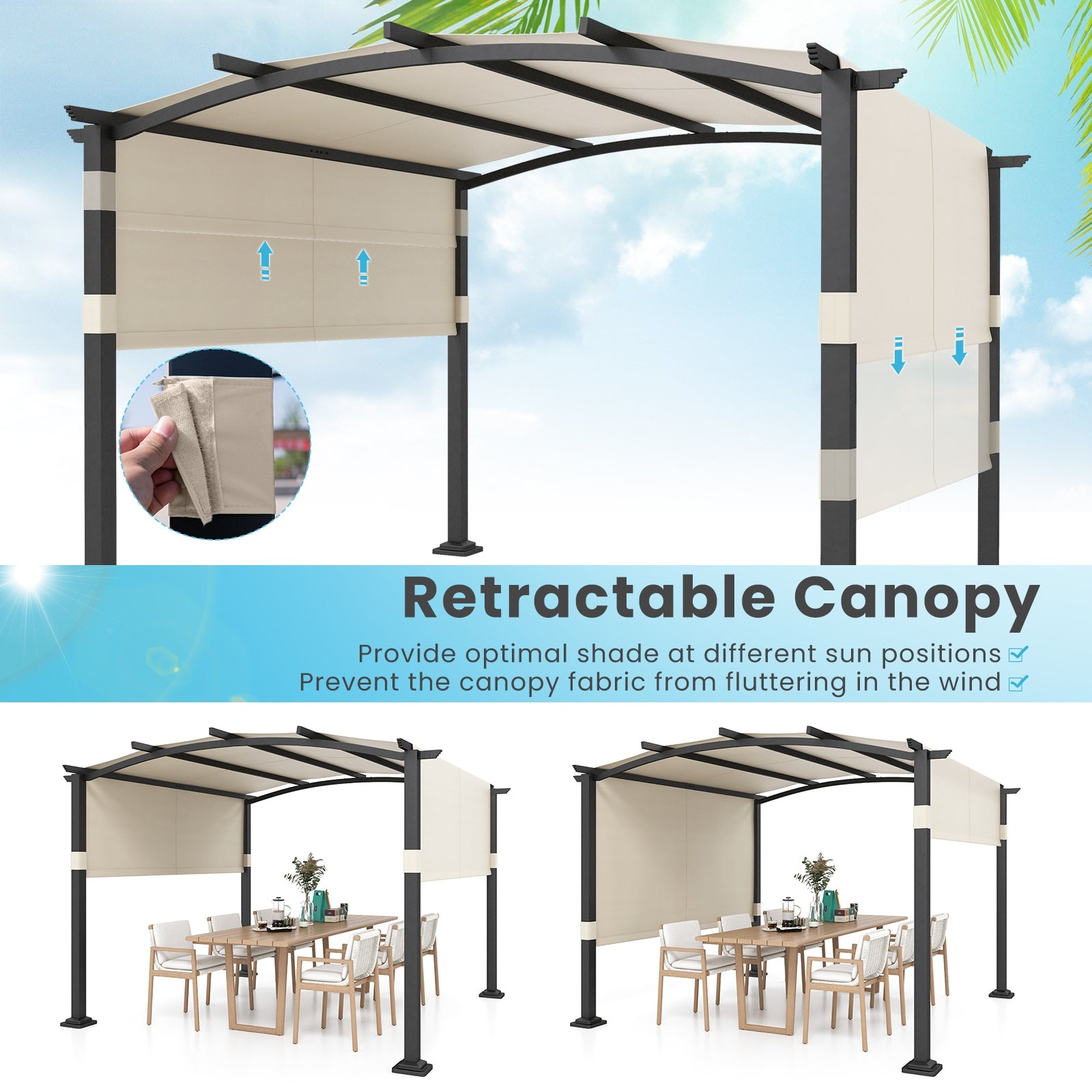 10 x 10 ft Outdoor Pergola Modern Arched Patio Garden Shelter with Retractable Sunshade Canopy, Beige Gazebos   at Gallery Canada