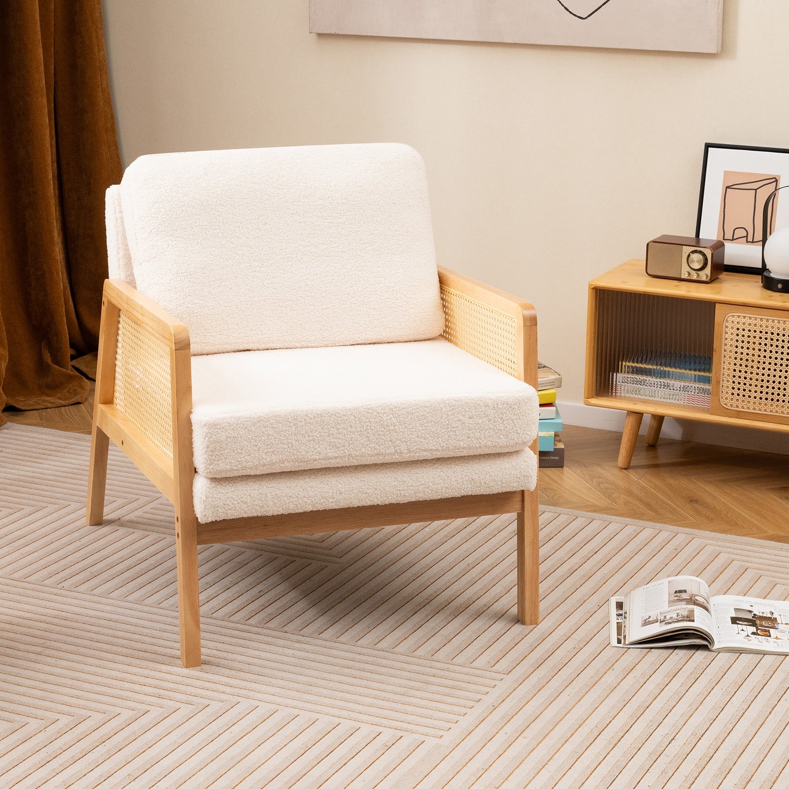 Mid Century Modern Accent Chair with Rattan Arms and Cushion, Natural Accent Chairs at Gallery Canada