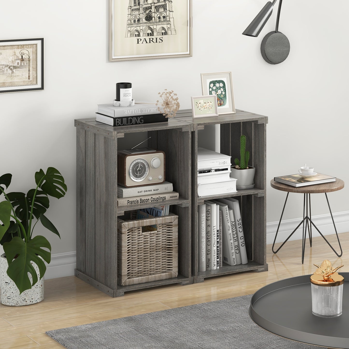 2-Cube Storage Shelf with Open Back and 3-Tier Shelf, Light Gray Bookcases at Gallery Canada