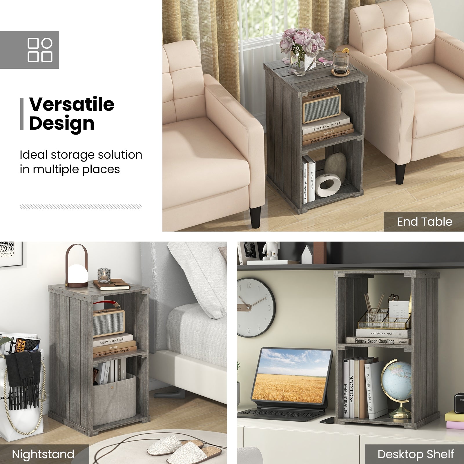 2-Cube Storage Shelf with Open Back and 3-Tier Shelf, Light Gray Bookcases at Gallery Canada