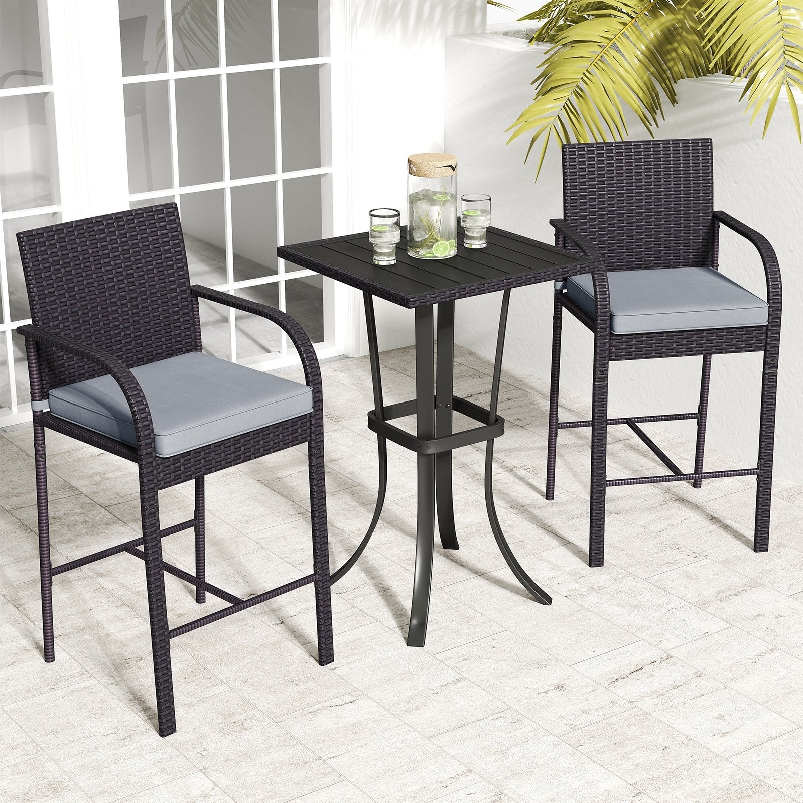 3-Piece Patio Wicker Rattan Bar Height Chairs and Square Table Set, Black Patio Bar Furniture at Gallery Canada