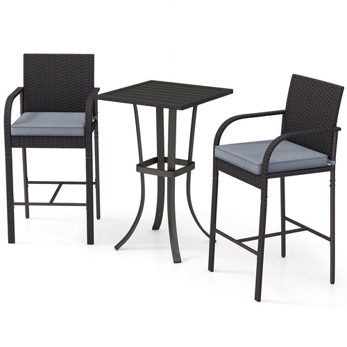 3-Piece Patio Wicker Rattan Bar Height Chairs and Square Table Set, Black
