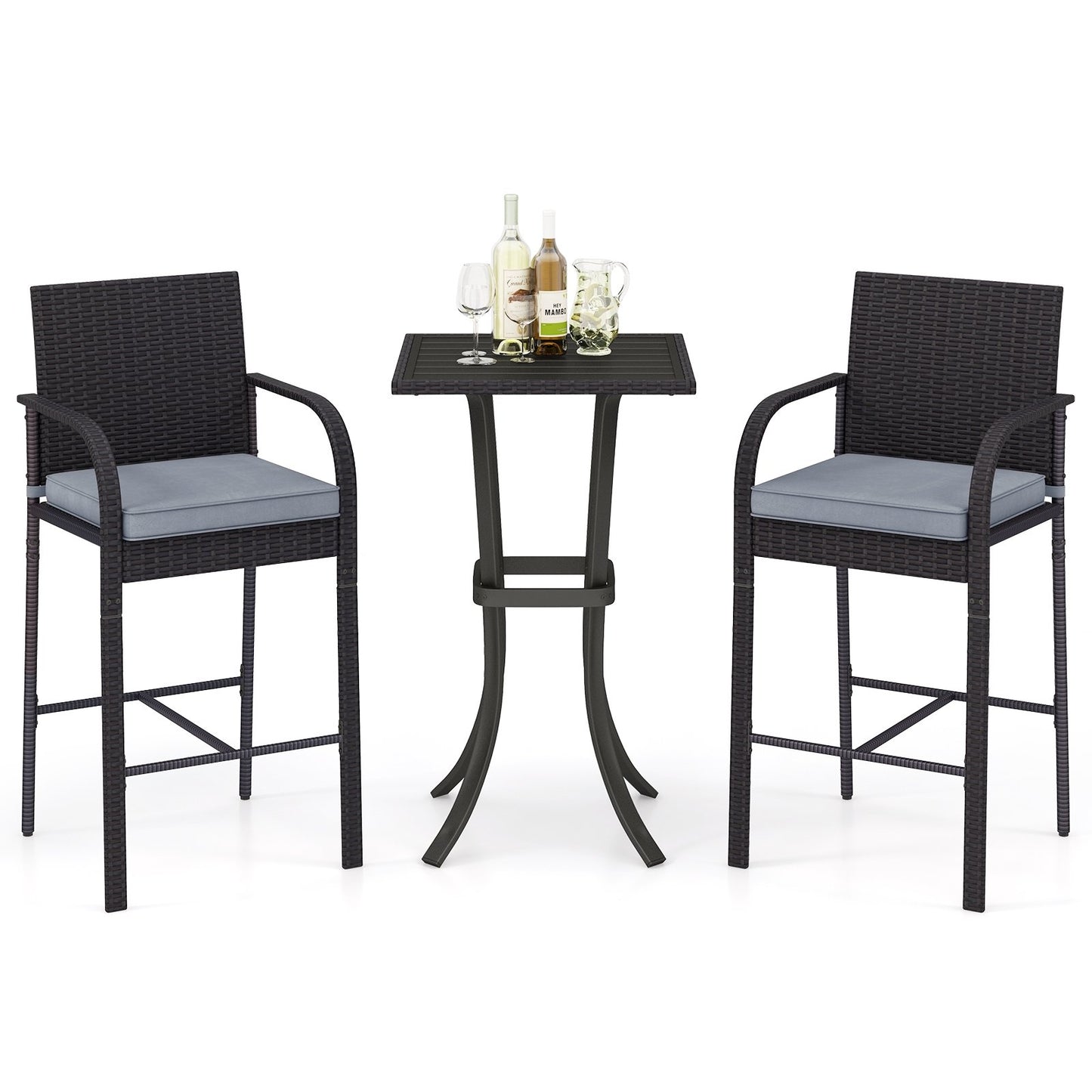 3-Piece Patio Wicker Rattan Bar Height Chairs and Square Table Set, Black Patio Bar Furniture at Gallery Canada