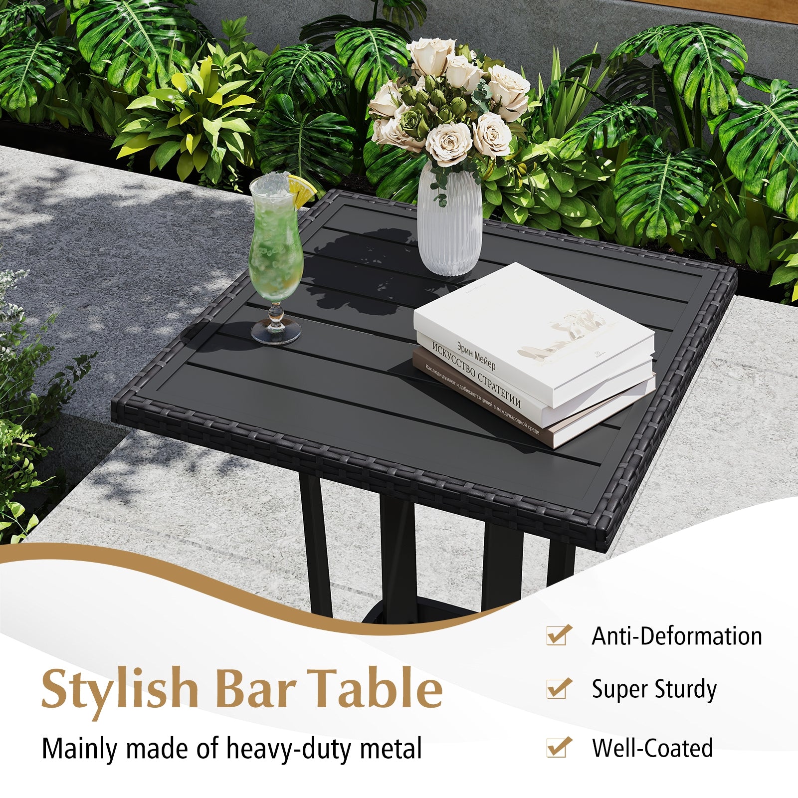 3-Piece Patio Wicker Rattan Bar Height Chairs and Square Table Set, Black Patio Bar Furniture at Gallery Canada