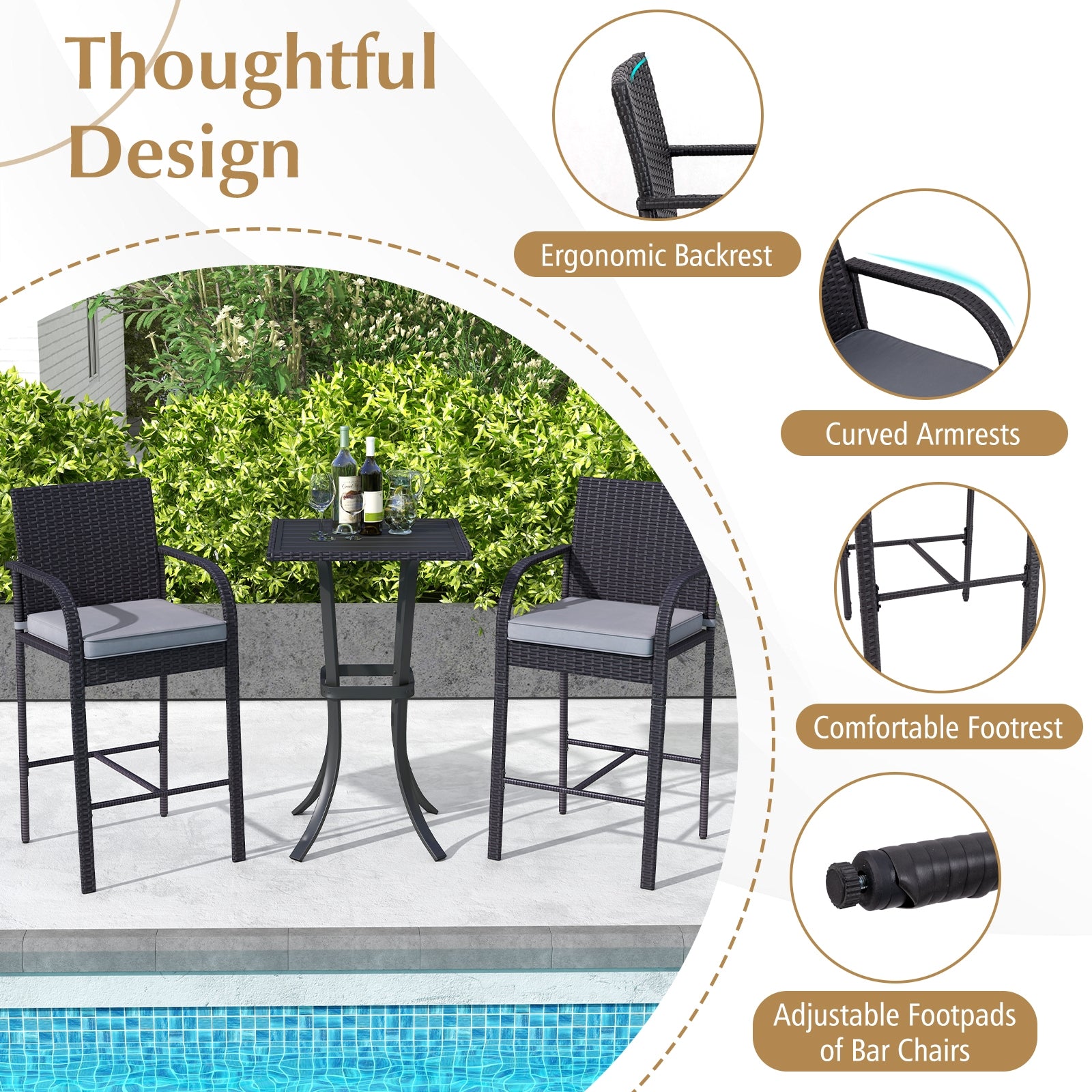 3-Piece Patio Wicker Rattan Bar Height Chairs and Square Table Set, Black Patio Bar Furniture at Gallery Canada