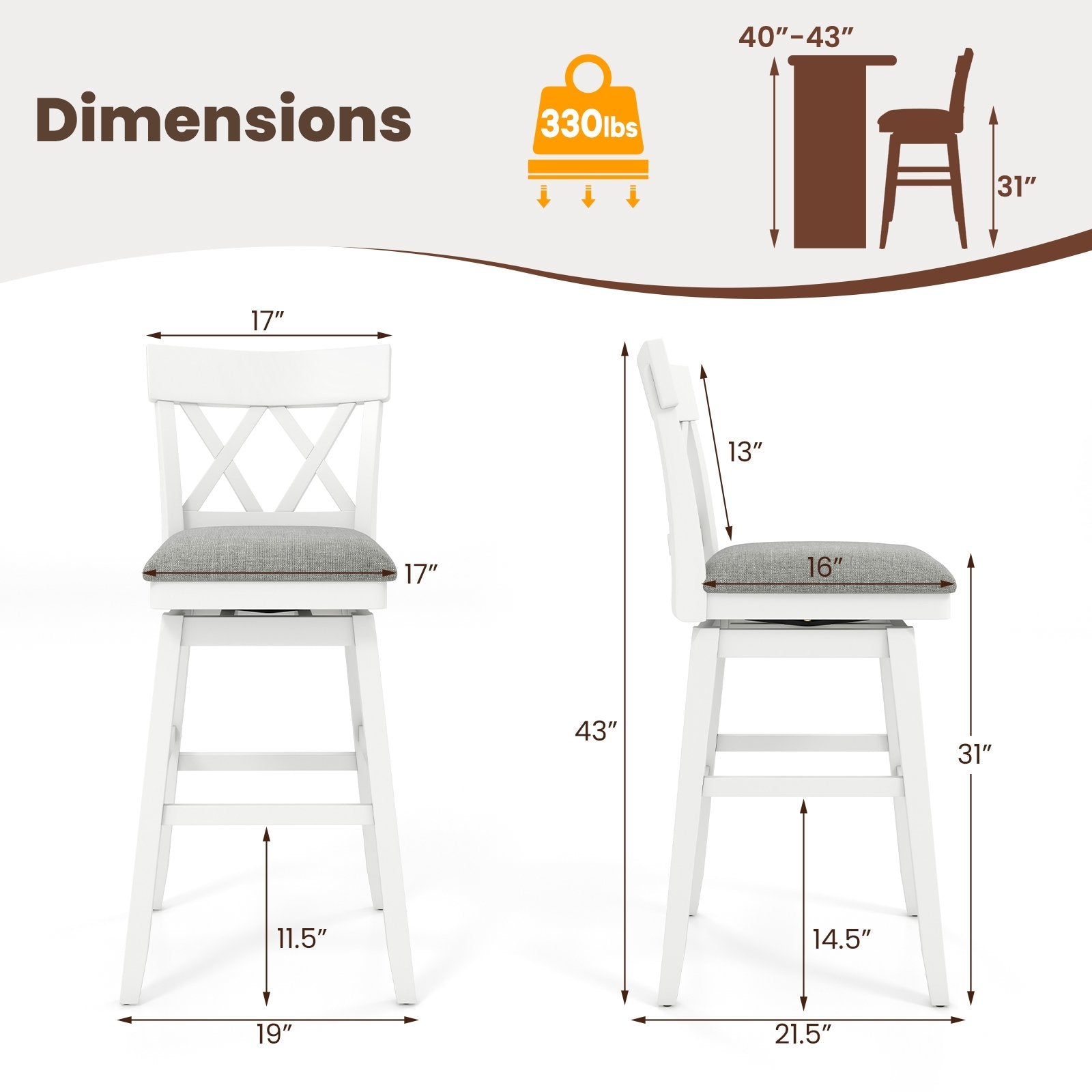 30 Inch Bar Stool with Contoured Backrest and Swivel Padded Seat, White Bar Stools at Gallery Canada