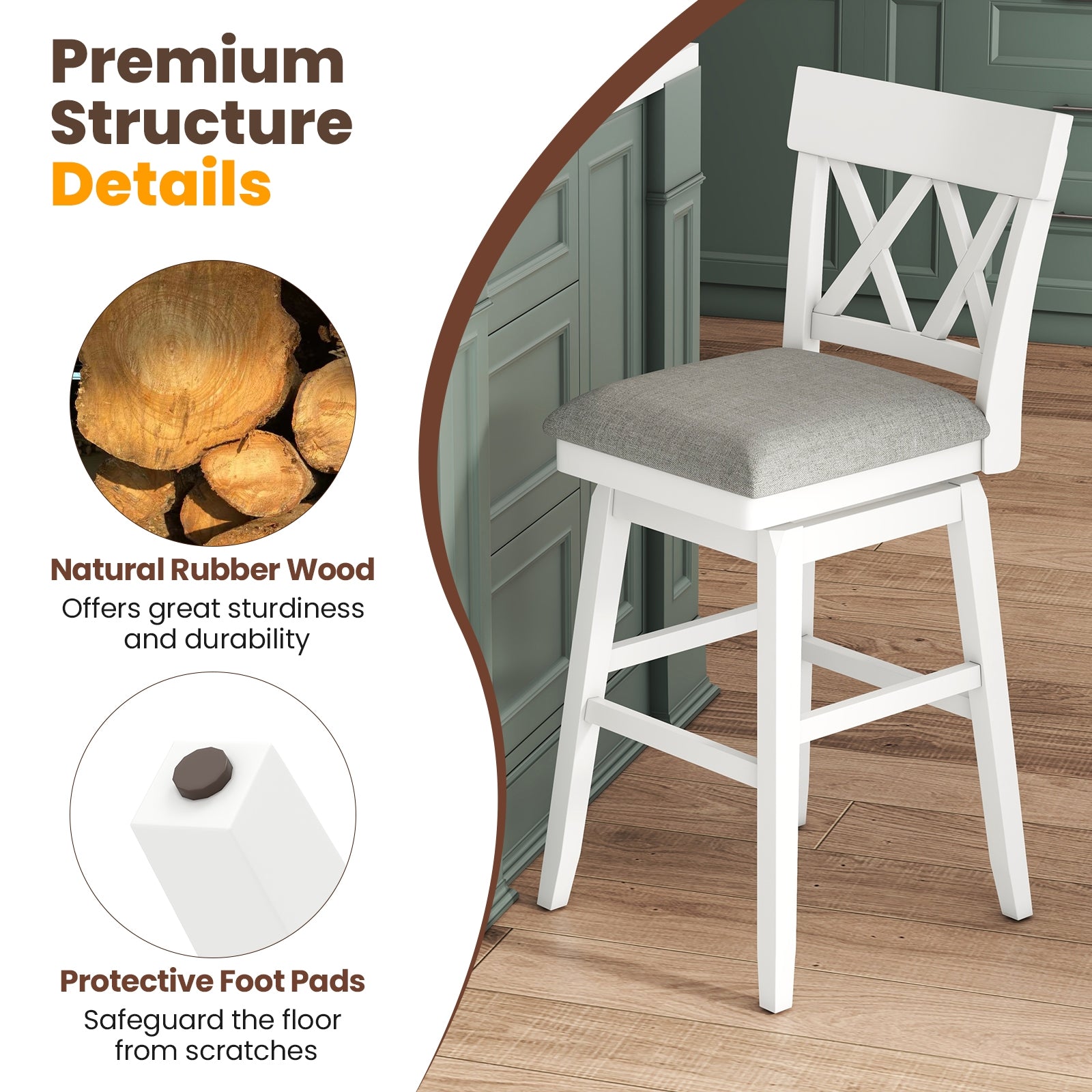 30 Inch Bar Stool with Contoured Backrest and Swivel Padded Seat, White Bar Stools at Gallery Canada