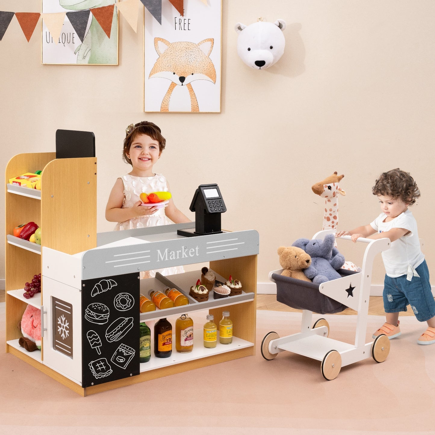 Pretend Play Grocery Store Set with Shopping Cart and 2 Chalkboards, White Play Kitchen Sets at Gallery Canada