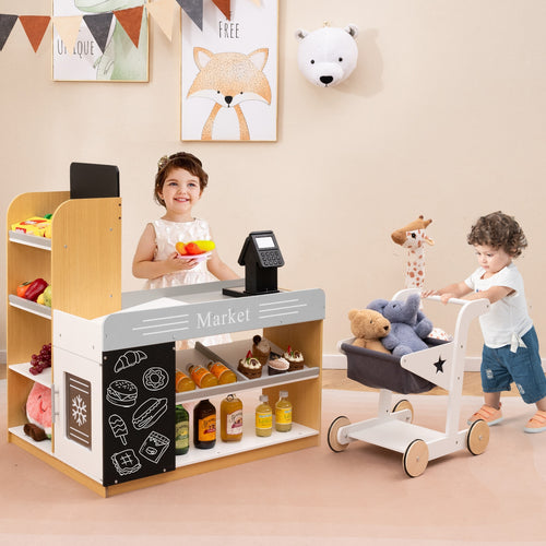 Pretend Play Grocery Store Set with Shopping Cart and 2 Chalkboards, White