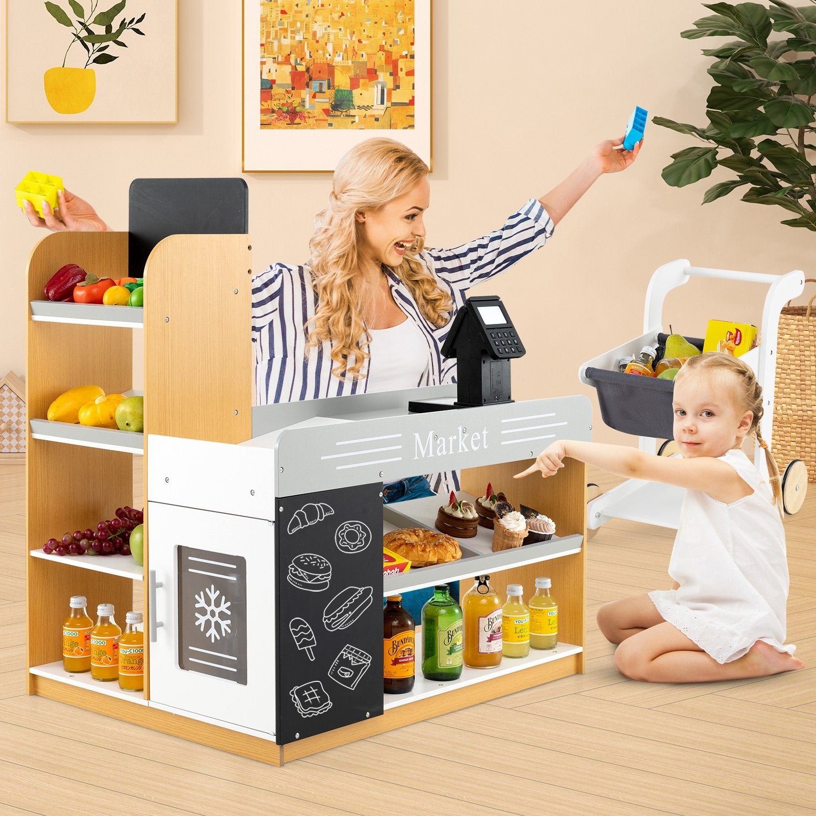 Pretend Play Grocery Store Set with Shopping Cart and 2 Chalkboards, White Play Kitchen Sets at Gallery Canada