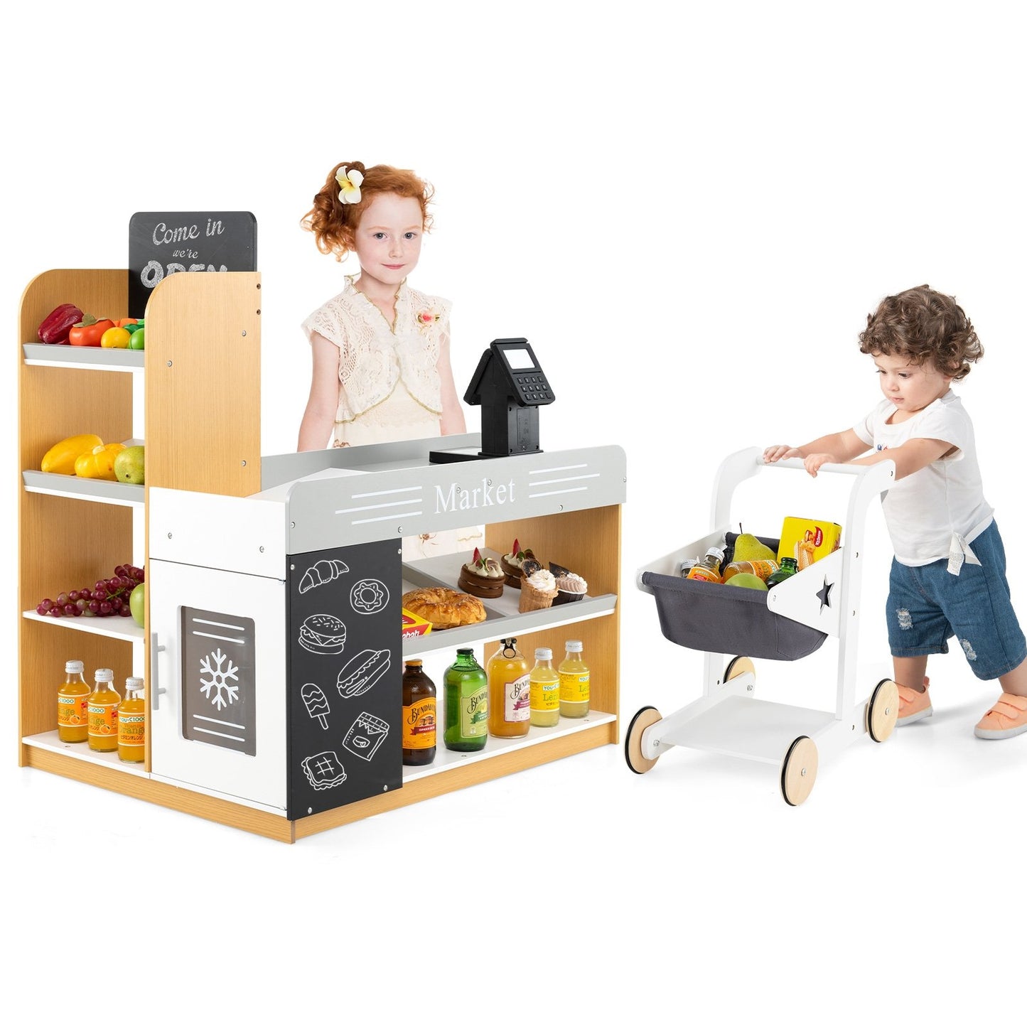 Pretend Play Grocery Store Set with Shopping Cart and 2 Chalkboards, White Play Kitchen Sets at Gallery Canada