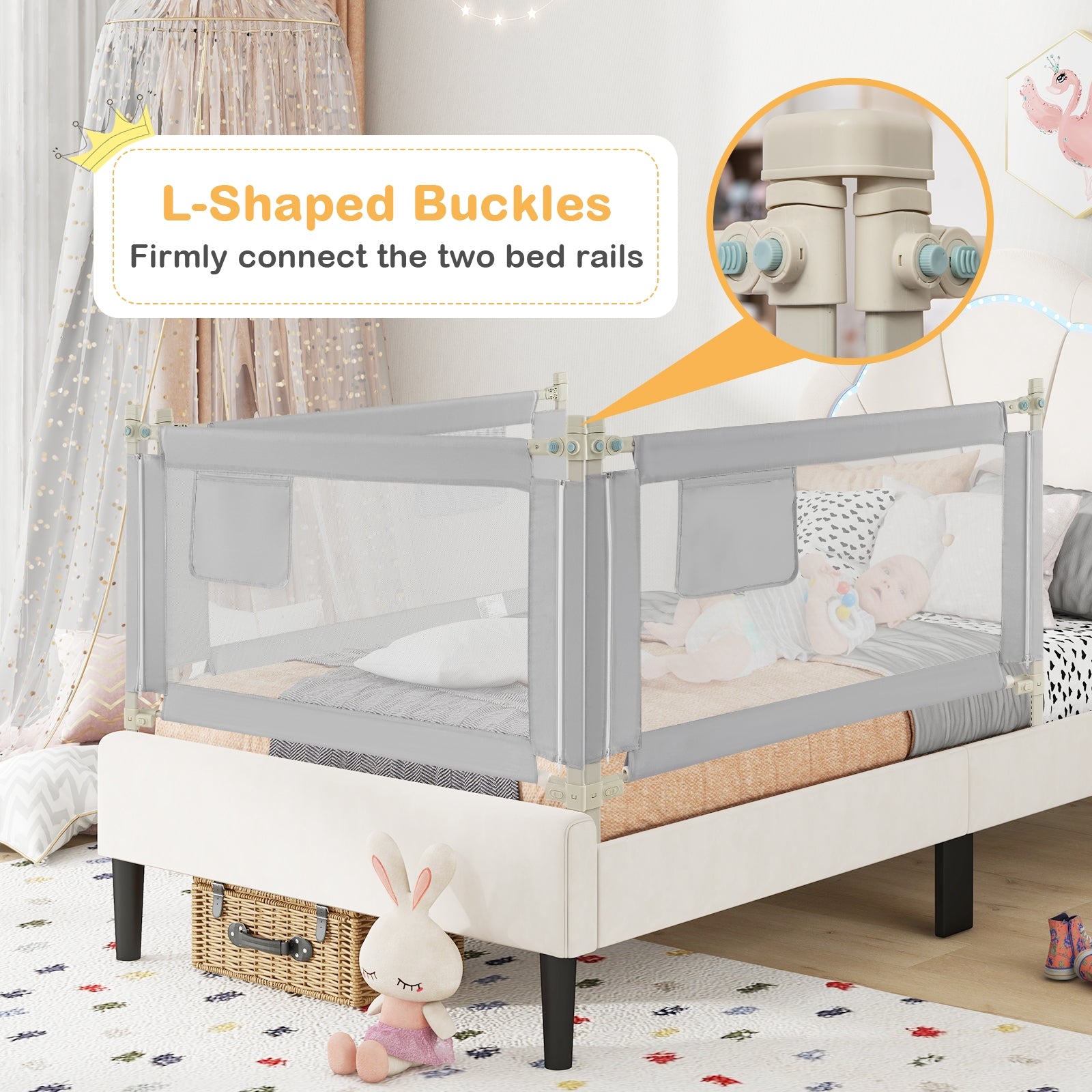Toddler Bedrail with Side Pocket and 24 Adjustable Heights, Gray Bed Rails at Gallery Canada