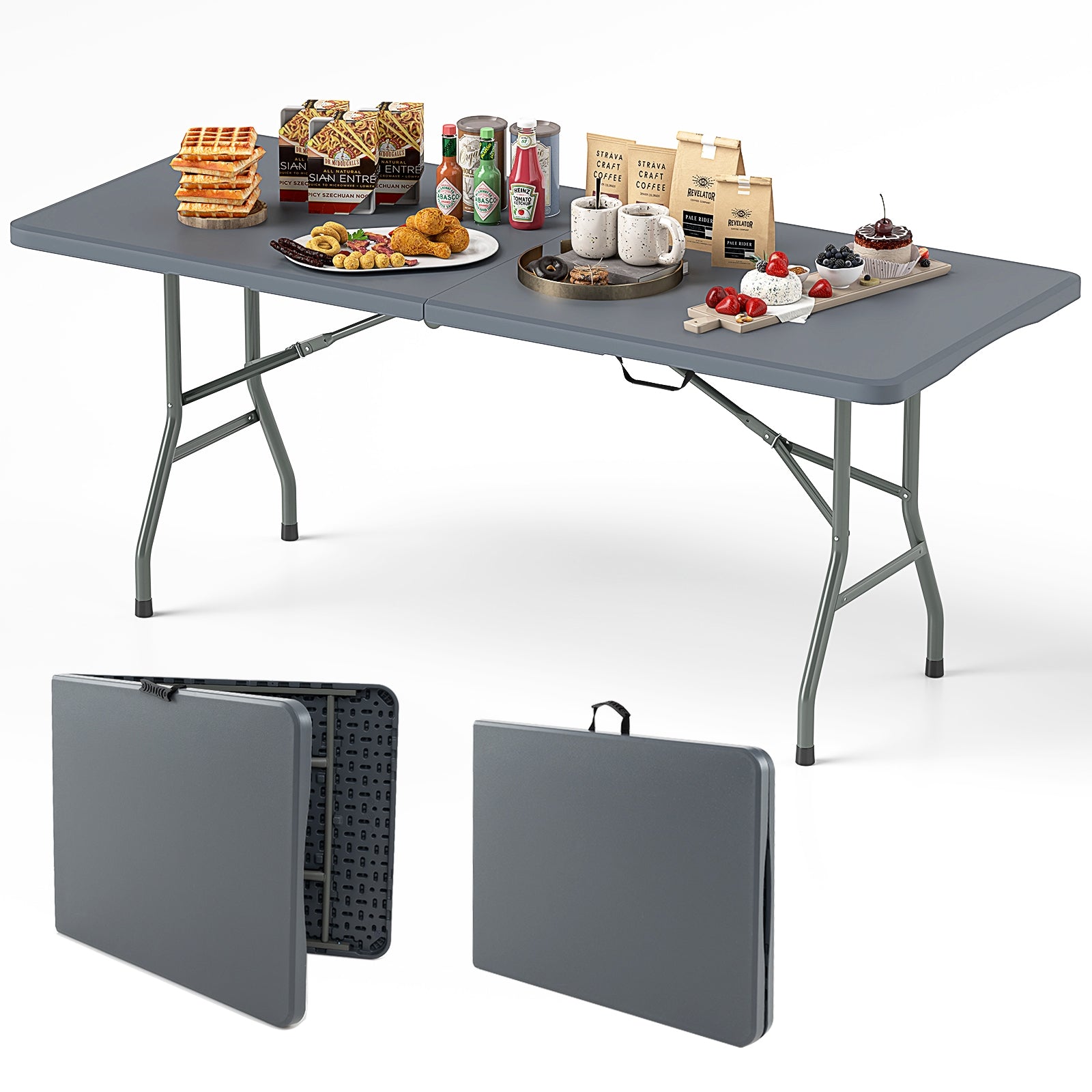 6 ft Portable Folding Table 350 LBS Fold-in-Half Table with HDPE Tabletop, Gray Camping Furniture at Gallery Canada