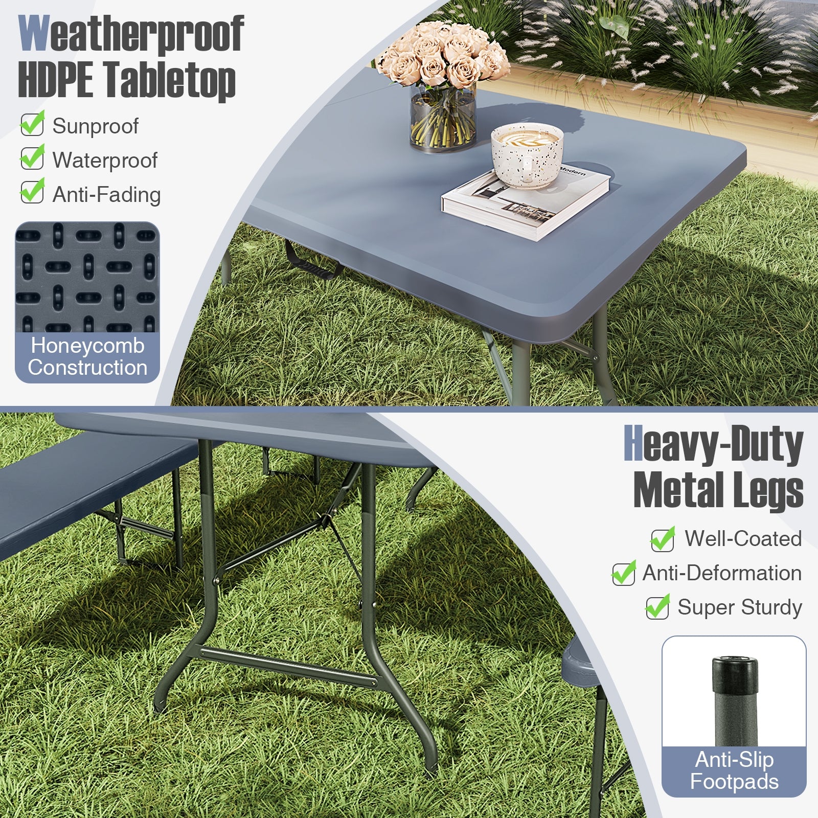 6 ft Portable Folding Table 350 LBS Fold-in-Half Table with HDPE Tabletop, Gray Camping Furniture at Gallery Canada