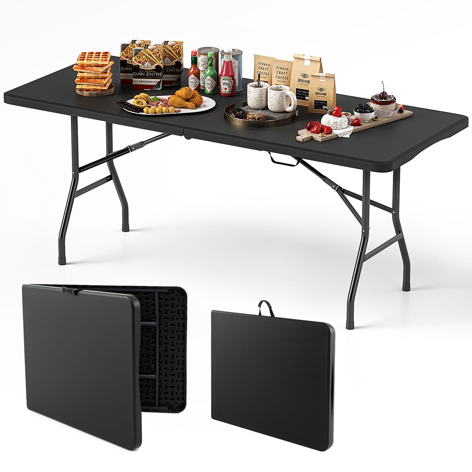 6 ft Portable Folding Table 350 LBS Fold-in-Half Table with HDPE Tabletop, Black Camping Furniture at Gallery Canada