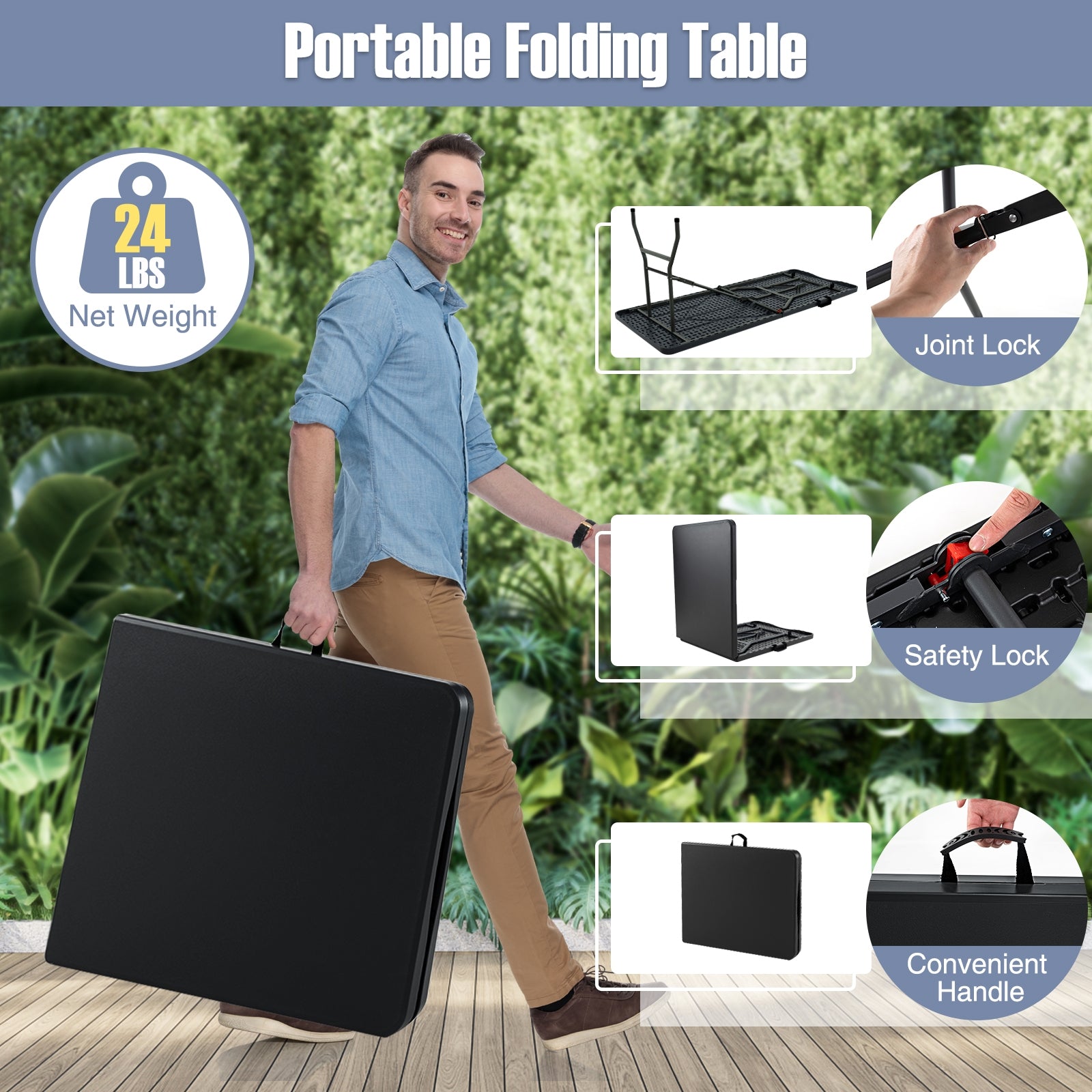 6 ft Portable Folding Table 350 LBS Fold-in-Half Table with HDPE Tabletop, Black Camping Furniture at Gallery Canada