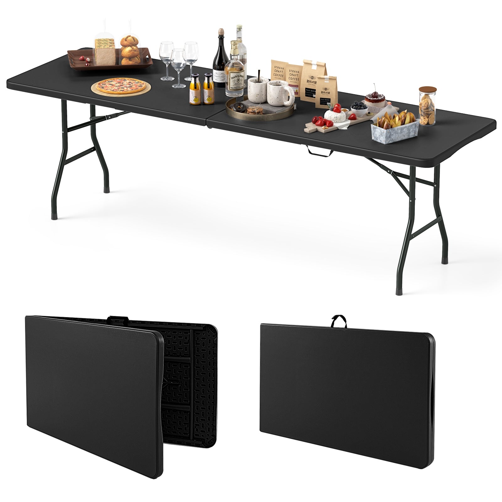 8 ft Portable Folding Table 350 LBS Fold-in-Half Table with HDPE Tabletop, Black Camping Furniture at Gallery Canada