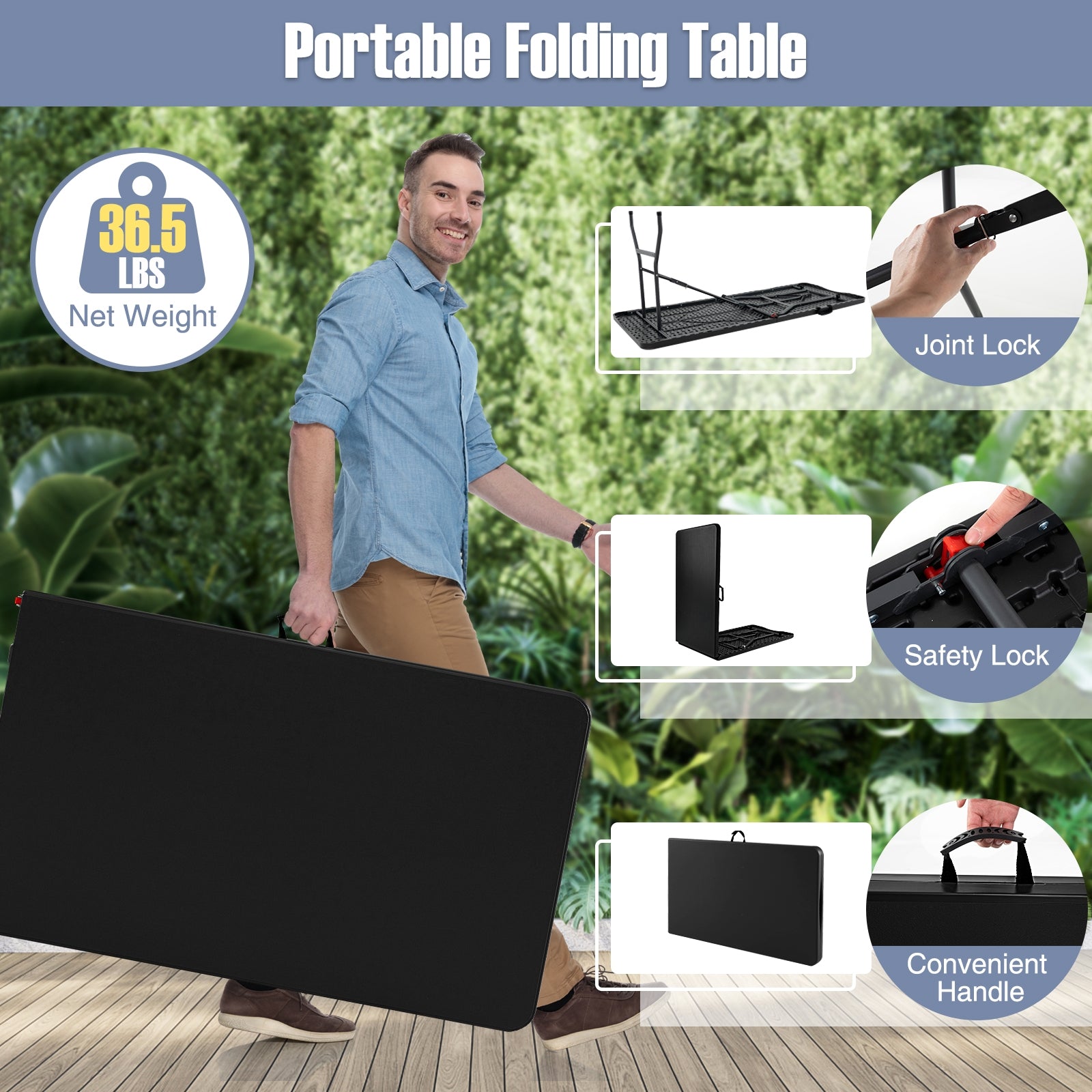 8 ft Portable Folding Table 350 LBS Fold-in-Half Table with HDPE Tabletop, Black Camping Furniture at Gallery Canada