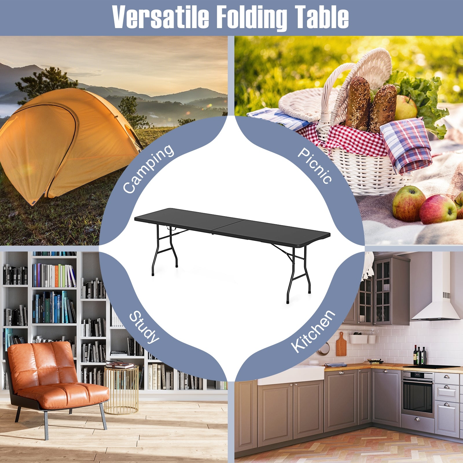 8 ft Portable Folding Table 350 LBS Fold-in-Half Table with HDPE Tabletop, Black Camping Furniture at Gallery Canada