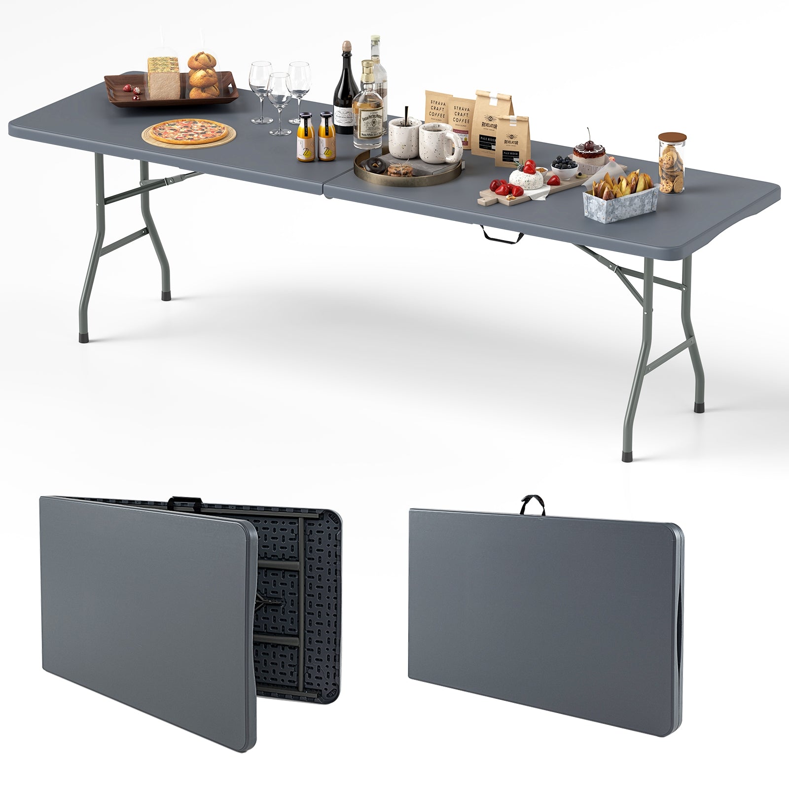 8 ft Portable Folding Table 350 LBS Fold-in-Half Table with HDPE Tabletop, Gray Camping Furniture at Gallery Canada