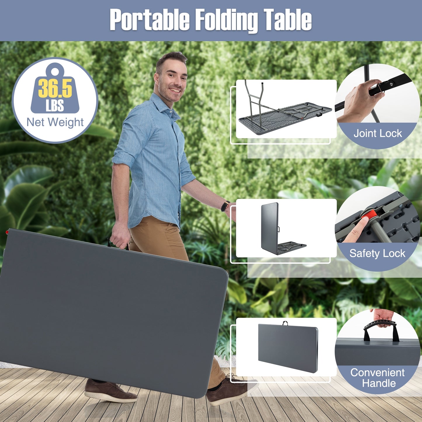 8 ft Portable Folding Table 350 LBS Fold-in-Half Table with HDPE Tabletop, Gray Camping Furniture at Gallery Canada