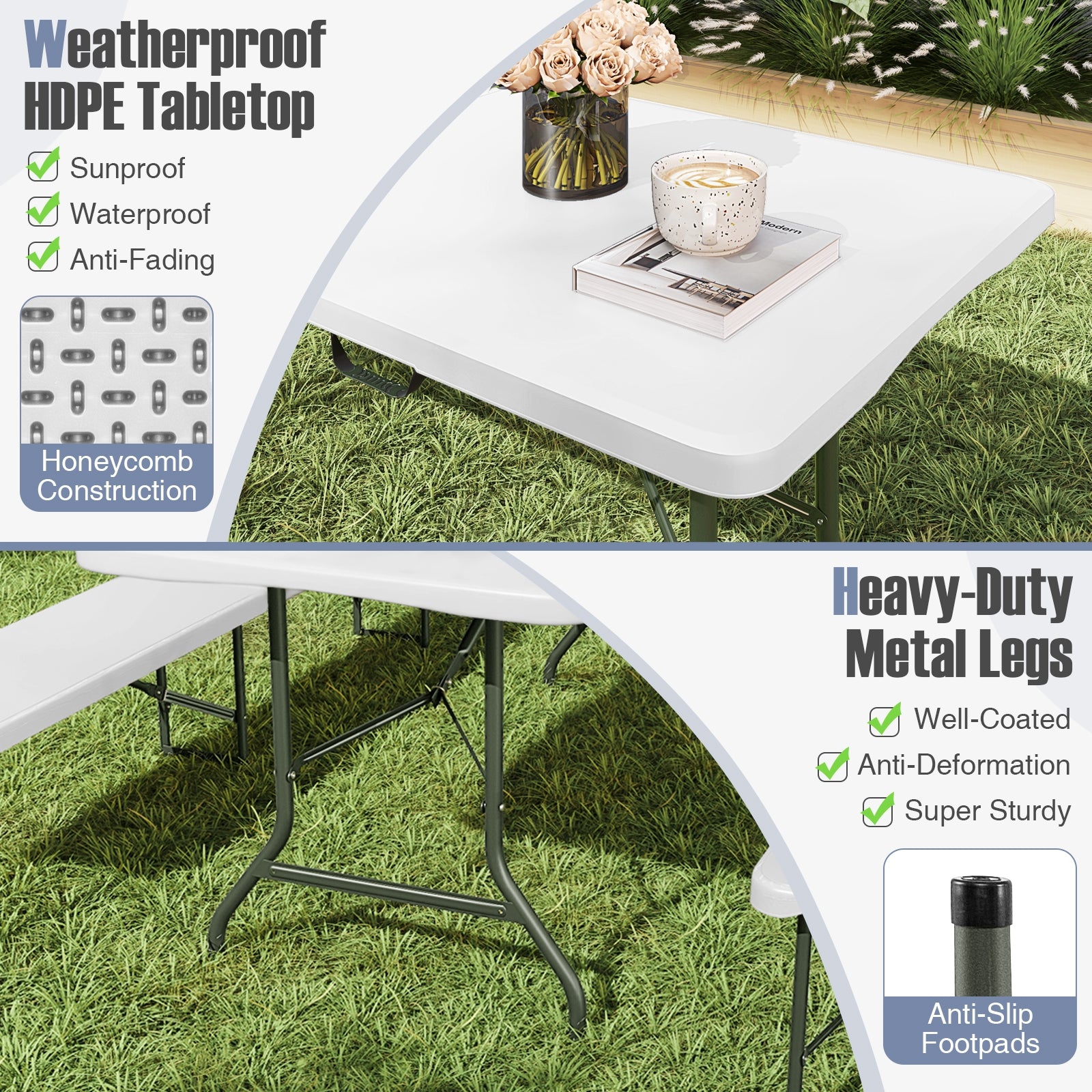 8 ft Portable Folding Table 350 LBS Fold-in-Half Table with HDPE Tabletop, White Camping Furniture at Gallery Canada