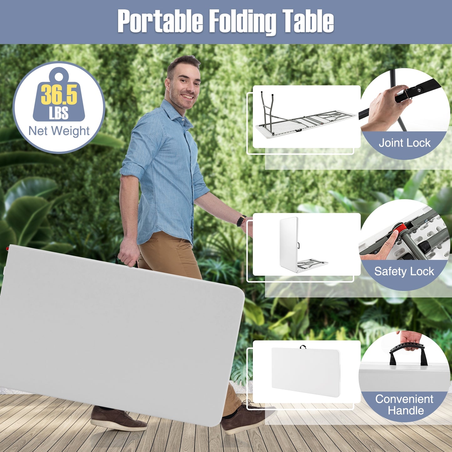 8 ft Portable Folding Table 350 LBS Fold-in-Half Table with HDPE Tabletop, White Camping Furniture at Gallery Canada