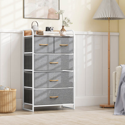 4-Tier Organizer Tower Steel Frame Wooden Top Storage with 5-Drawer Dresser, Gray Dressers & Chests at Gallery Canada