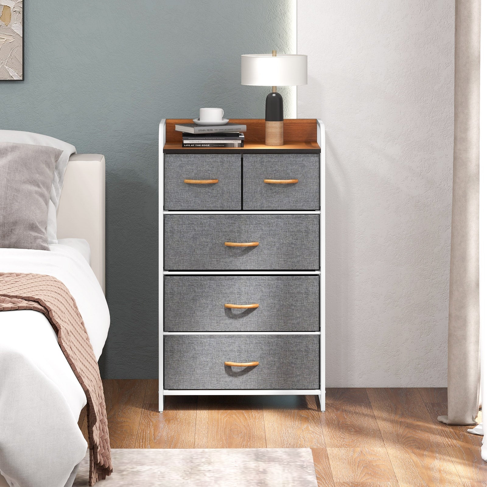 4-Tier Organizer Tower Steel Frame Wooden Top Storage with 5-Drawer Dresser, Gray Dressers & Chests at Gallery Canada