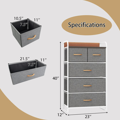 4-Tier Organizer Tower Steel Frame Wooden Top Storage with 5-Drawer Dresser, Gray Dressers & Chests at Gallery Canada