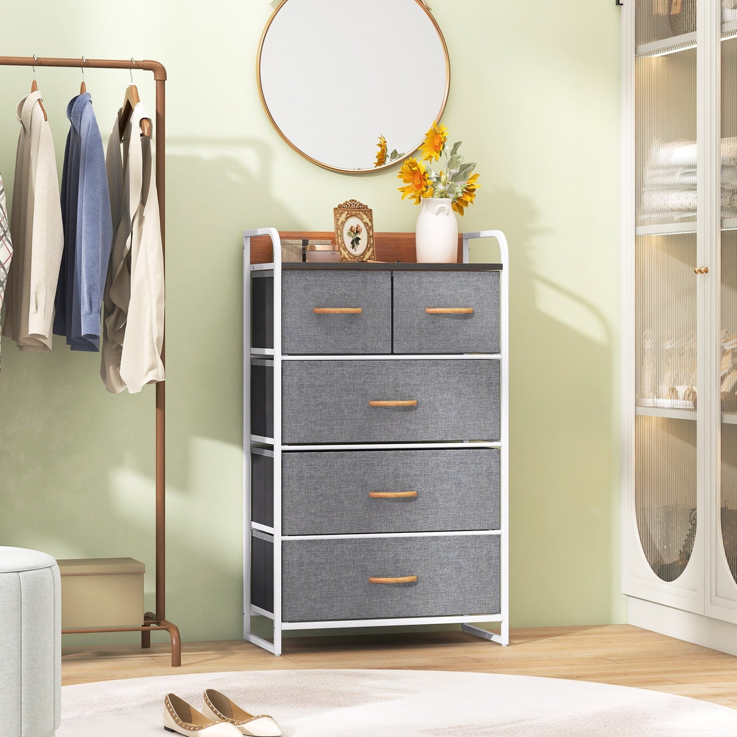 4-Tier Organizer Tower Steel Frame Wooden Top Storage with 5-Drawer Dresser, Gray Dressers & Chests at Gallery Canada