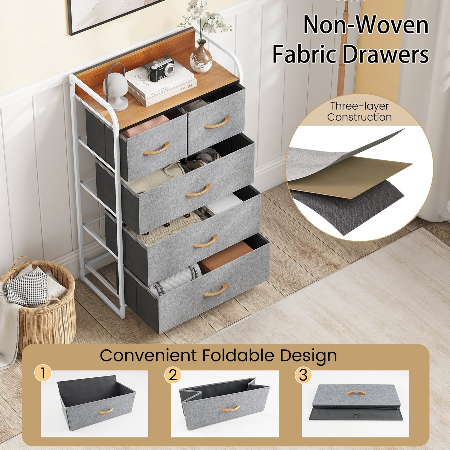 4-Tier Organizer Tower Steel Frame Wooden Top Storage with 5-Drawer Dresser, Gray Dressers & Chests at Gallery Canada